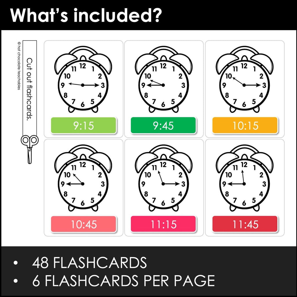 Telling Time EDITABLE Flashcards for ESL - to the HOUR, HALF HOUR, QUARTER HOUR - Hot Chocolate Teachables