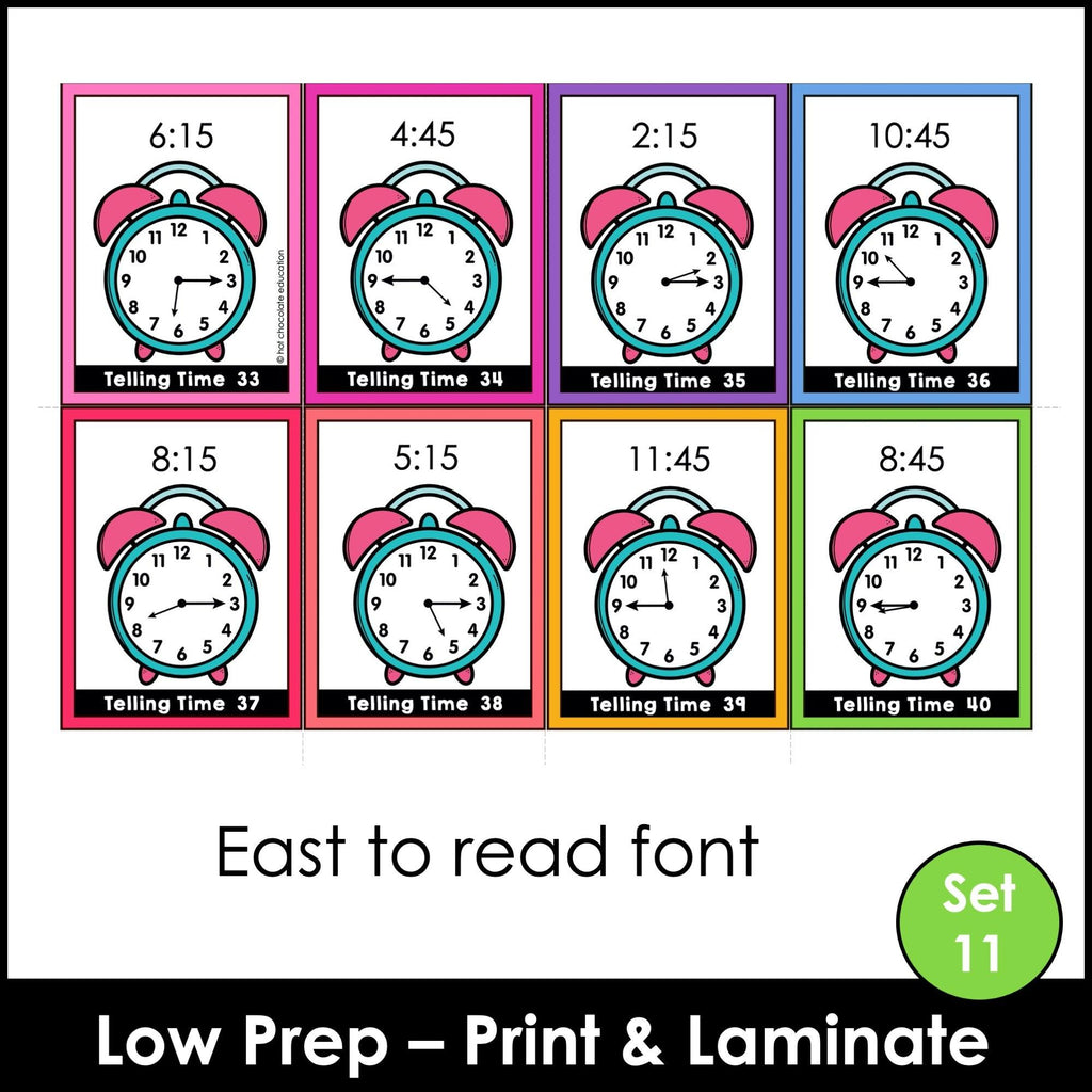 Telling Time Flashcards | ESL Task Cards - to the HOUR, HALF HOUR, QUARTER HOUR - Hot Chocolate Teachables