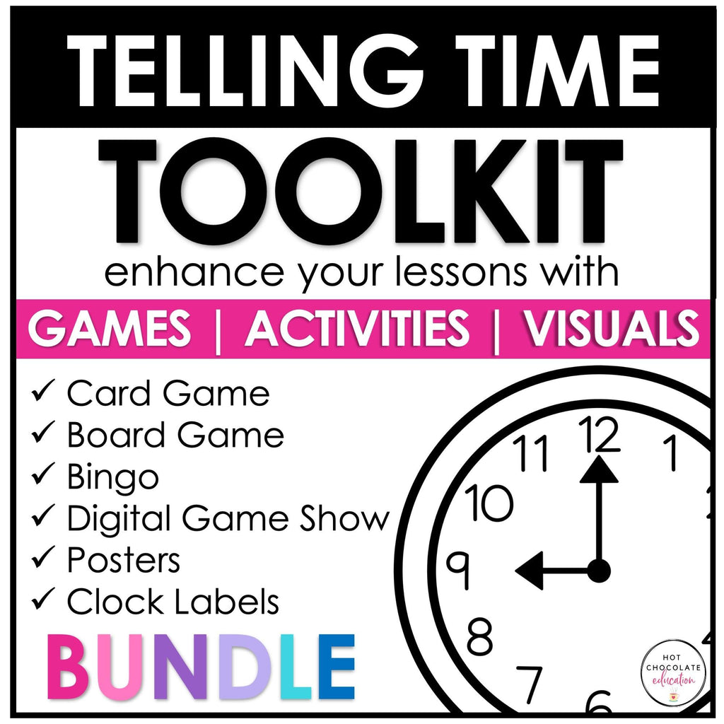 Telling Time Games BUNDLE - Hour, Half hour, quarter hour & nearest 5 minutes - Hot Chocolate Teachables