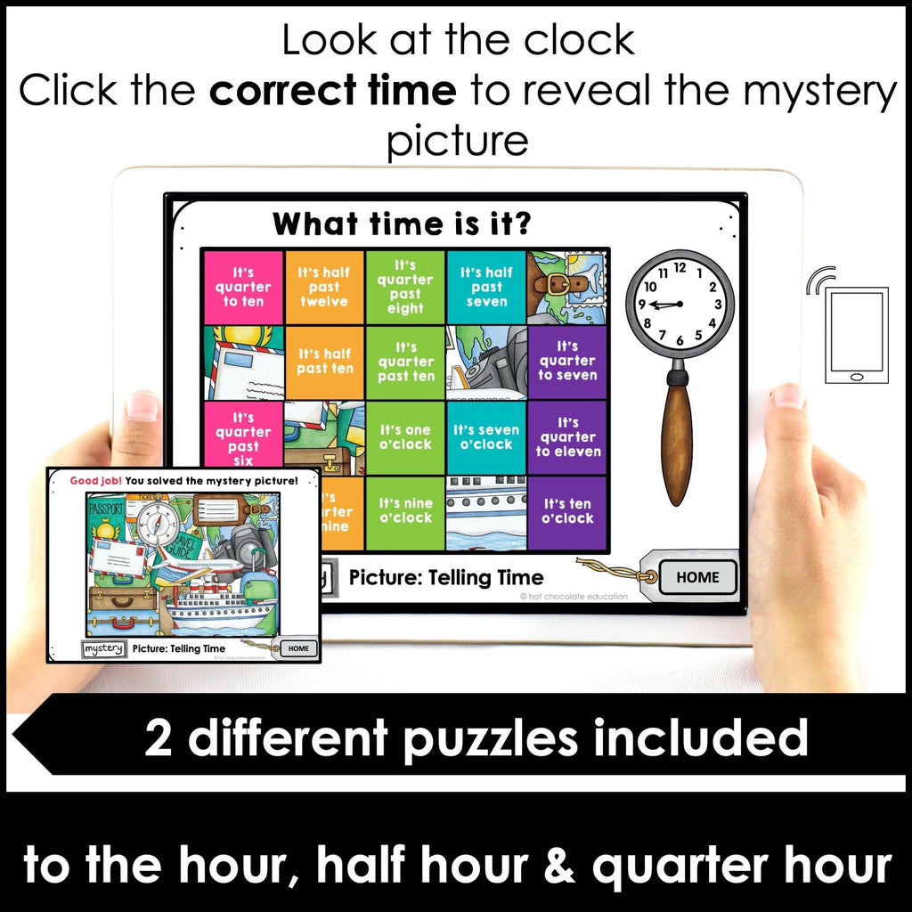 Telling Time | Hour - Half hour - Quarter hour | Mystery Picture - Boom Cards - Hot Chocolate Teachables