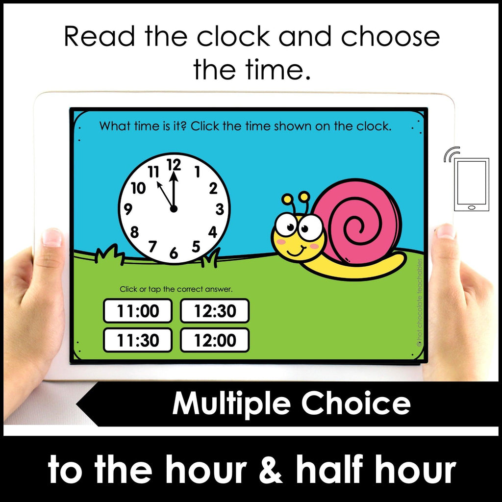 Telling Time Spring BOOM CARDS™ | Analog Clock - To the hour, half hour - Hot Chocolate Teachables