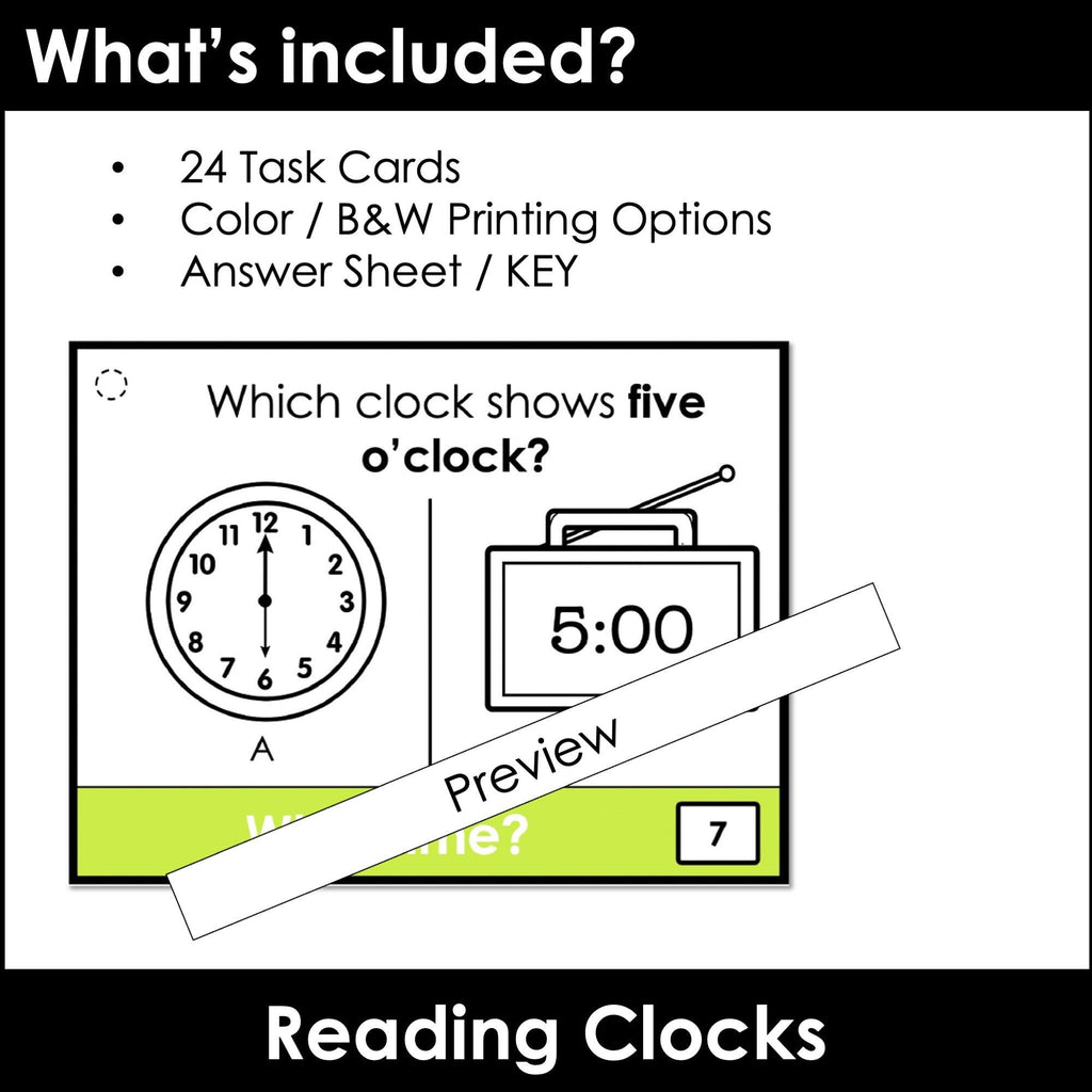 Telling Time Task Cards | To the hour - What time is it? Digital & Analog Clocks - Hot Chocolate Teachables