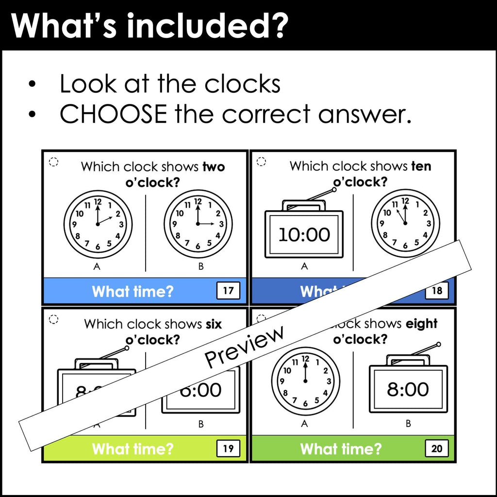 Telling Time Task Cards | To the hour - What time is it? Digital & Analog Clocks - Hot Chocolate Teachables