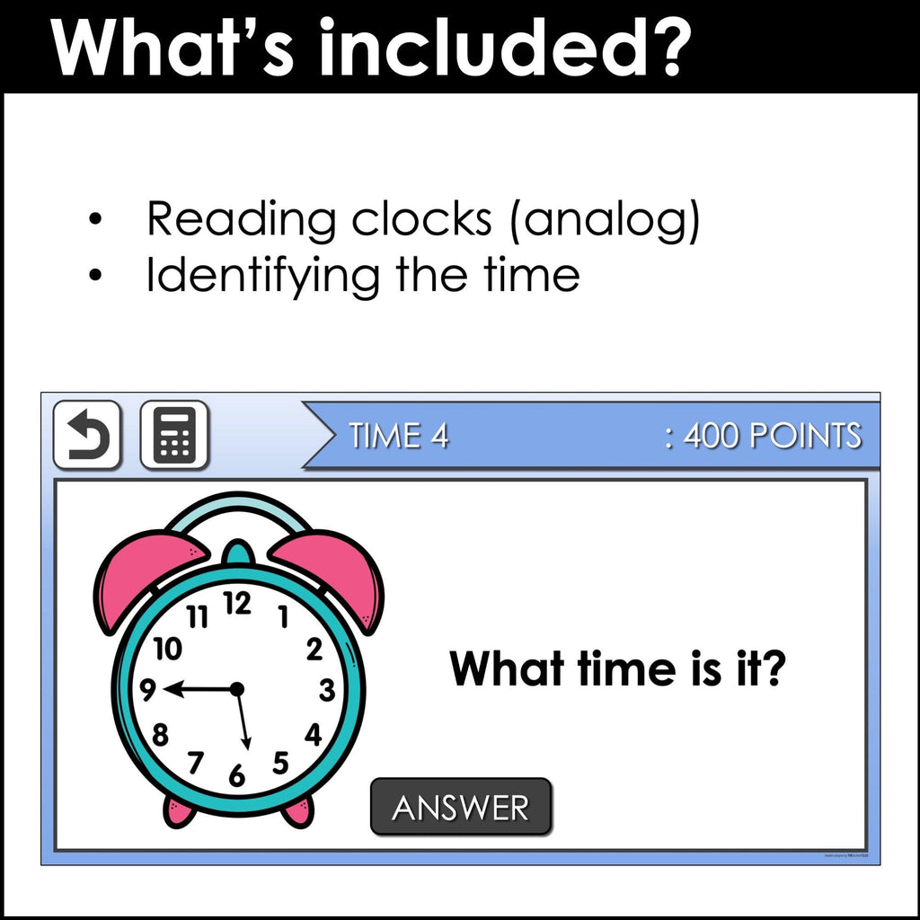 Telling TIME to the hour, half hour and 15 minutes - Interactive Game Show - Hot Chocolate Teachables