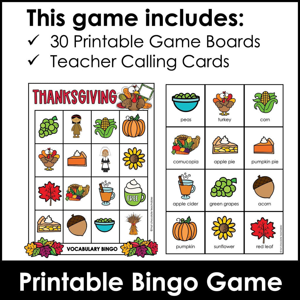 Thanksgiving Picture Bingo Game | ESL Vocabulary Based Activity - Hot Chocolate Teachables