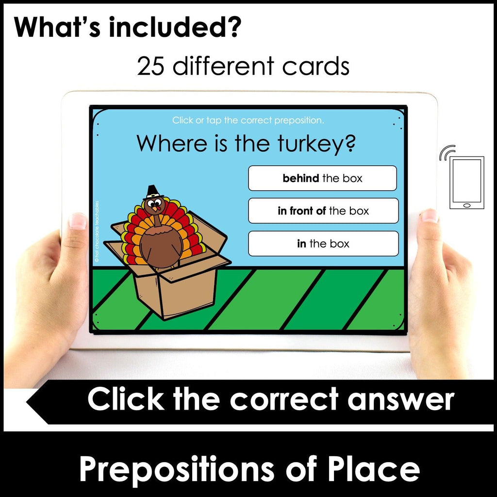 Thanksgiving Prepositions of Place BOOM CARDS - Hot Chocolate Teachables