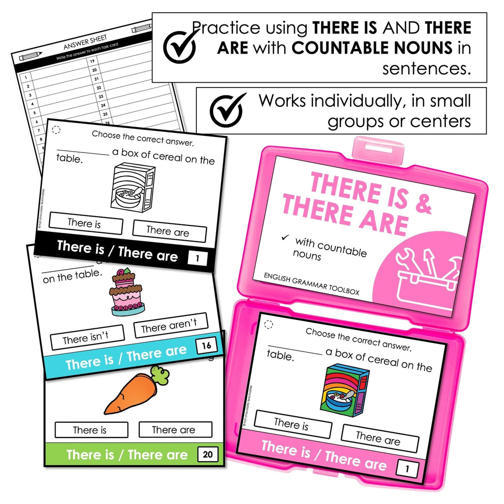 There is | There are Task Cards - Subject Verb Agreement with Countable Nouns - Hot Chocolate Teachables