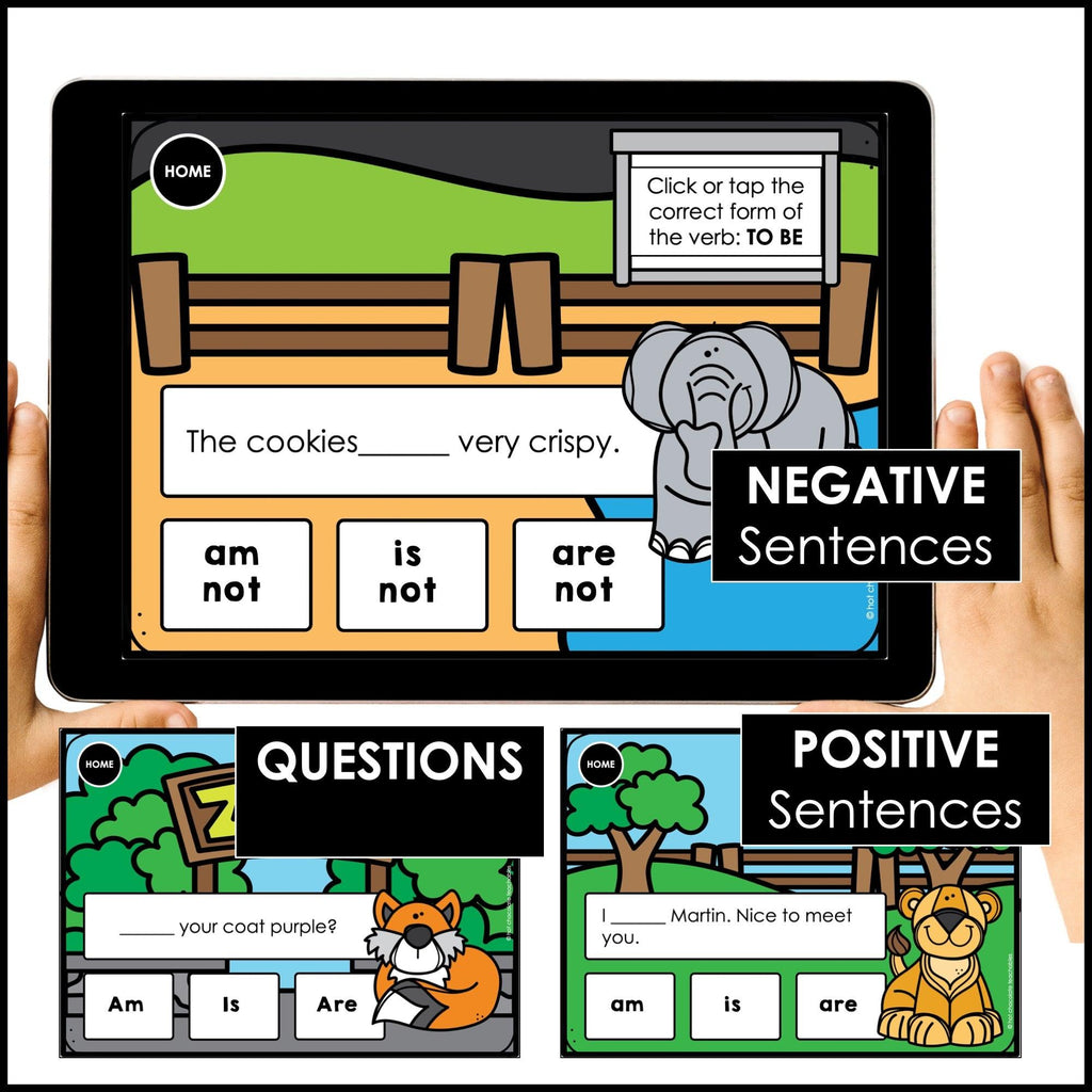 TO BE - AM - IS - ARE - Subject Verb Agreement Boom Cards - ESL - Present Simple - Hot Chocolate Teachables