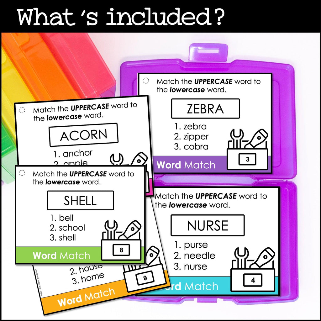 Uppercase & Lowercase Word Identification Task Cards - Alphabet Recognition - Hot Chocolate Teachables