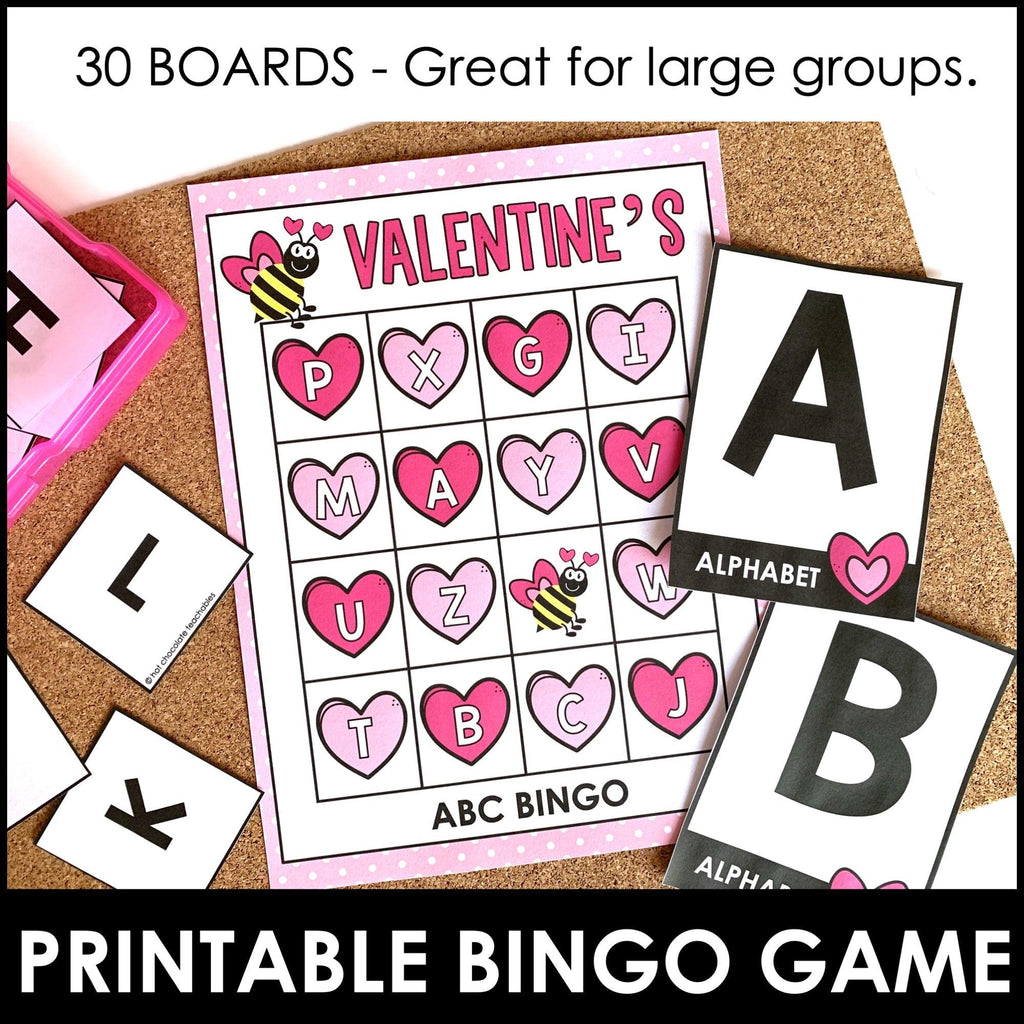 Valentine's Alphabet Bingo Game - Uppercase Letters A through Z - Hot Chocolate Teachables