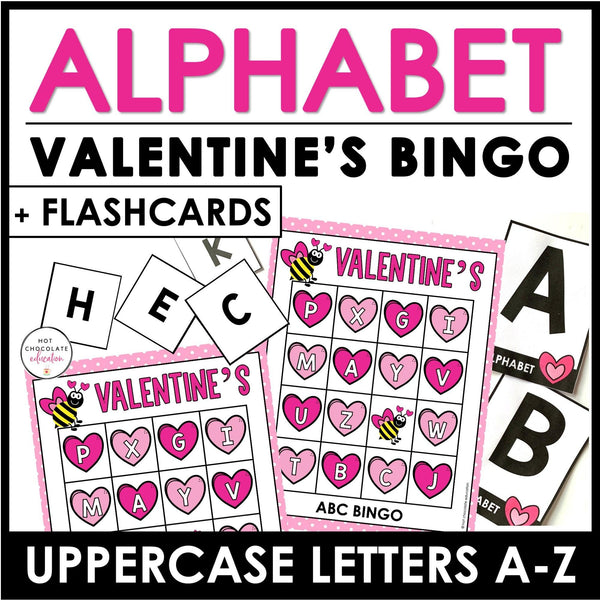 Valentine's Alphabet Bingo Game - Uppercase Letters A through Z - Hot Chocolate Teachables