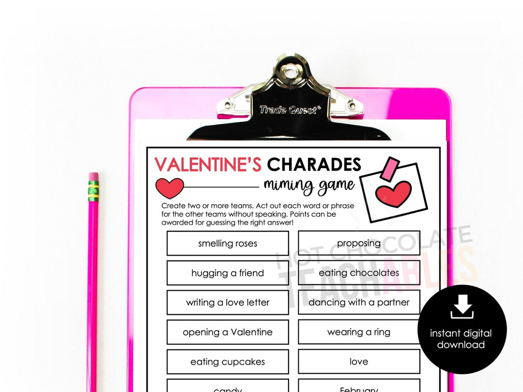 Valentine's Day Charades Party Game for Kids, Classroom Charades Holiday Miming Game - Editable - Hot Chocolate Teachables