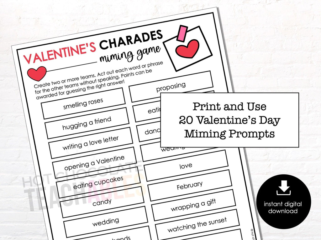 Valentine's Day Charades Party Game for Kids, Classroom Charades Holiday Miming Game - Editable - Hot Chocolate Teachables