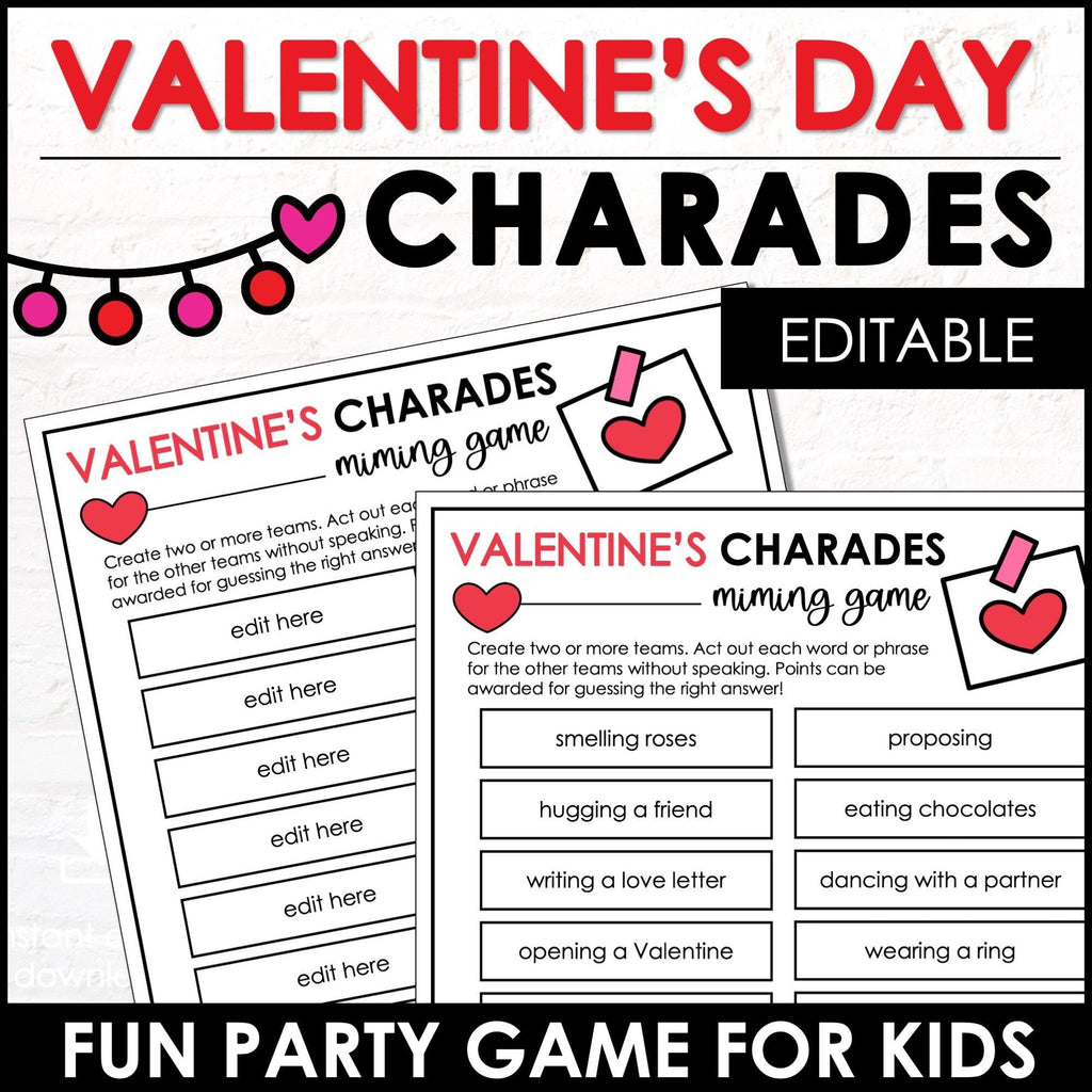 Valentine's Day Charades Party Game for Kids, Classroom Charades Holiday Miming Game - Editable - Hot Chocolate Teachables