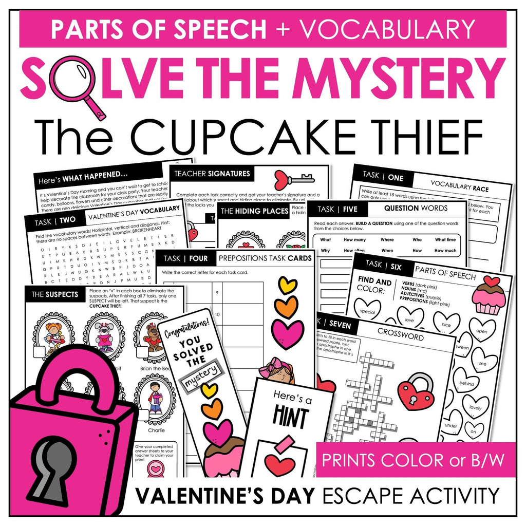 Valentine's Day Vocabulary Escape Room - Parts of Speech - Solve the Mystery - Hot Chocolate Teachables