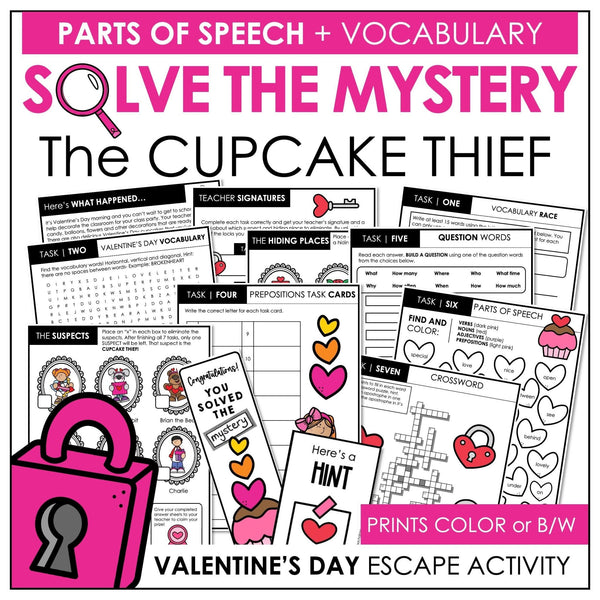 Valentine's Day Vocabulary Escape Room - Parts of Speech - Solve the Mystery - Hot Chocolate Teachables