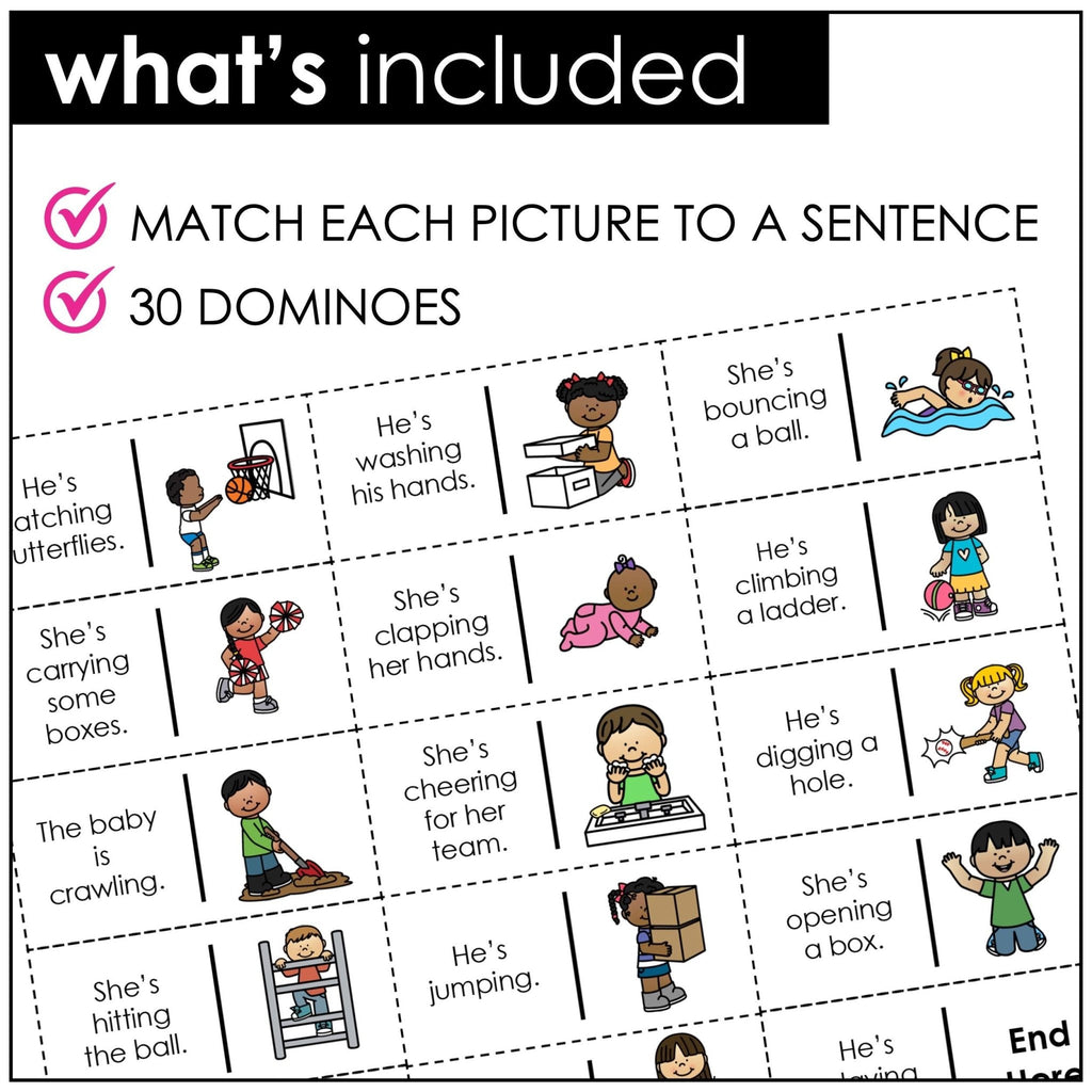 VERB Dominoes Game : Actions Verbs | Present Continuous | Present Progressive - Hot Chocolate Teachables