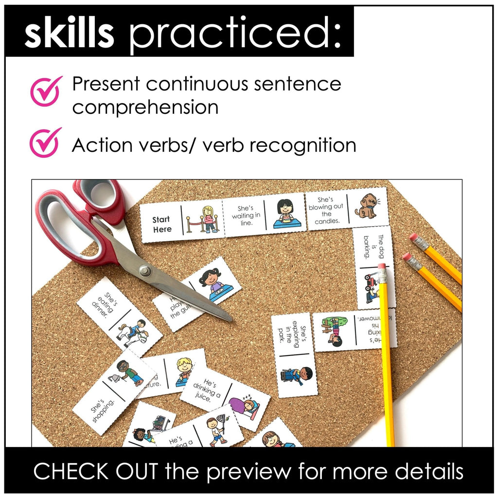 VERB Dominoes Game : Actions Verbs | Present Continuous | Present Progressive - Hot Chocolate Teachables