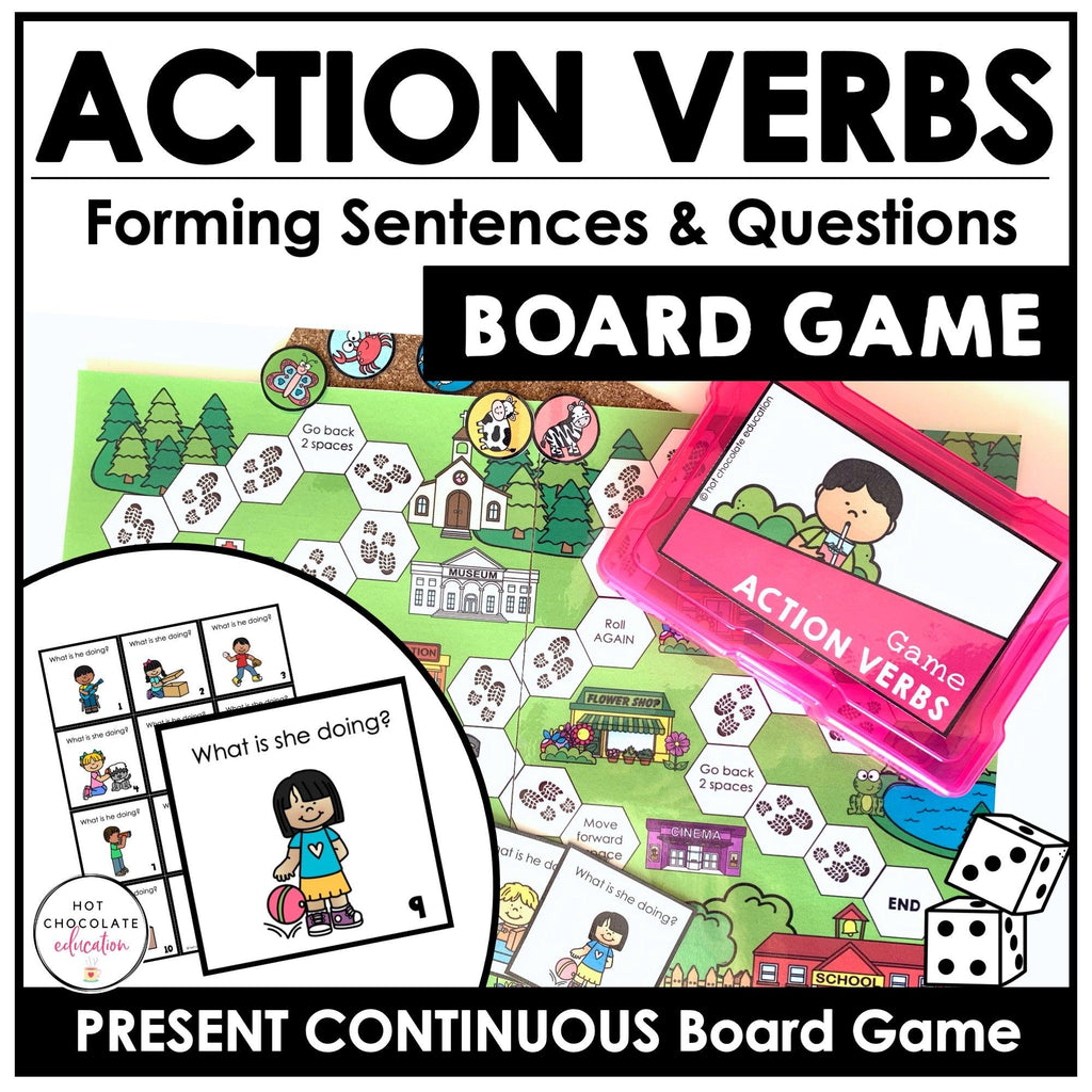 Verb Tense Board Games BUNDLE: Action Verbs, Past Simple, Opposites & Irregulars - Hot Chocolate Teachables