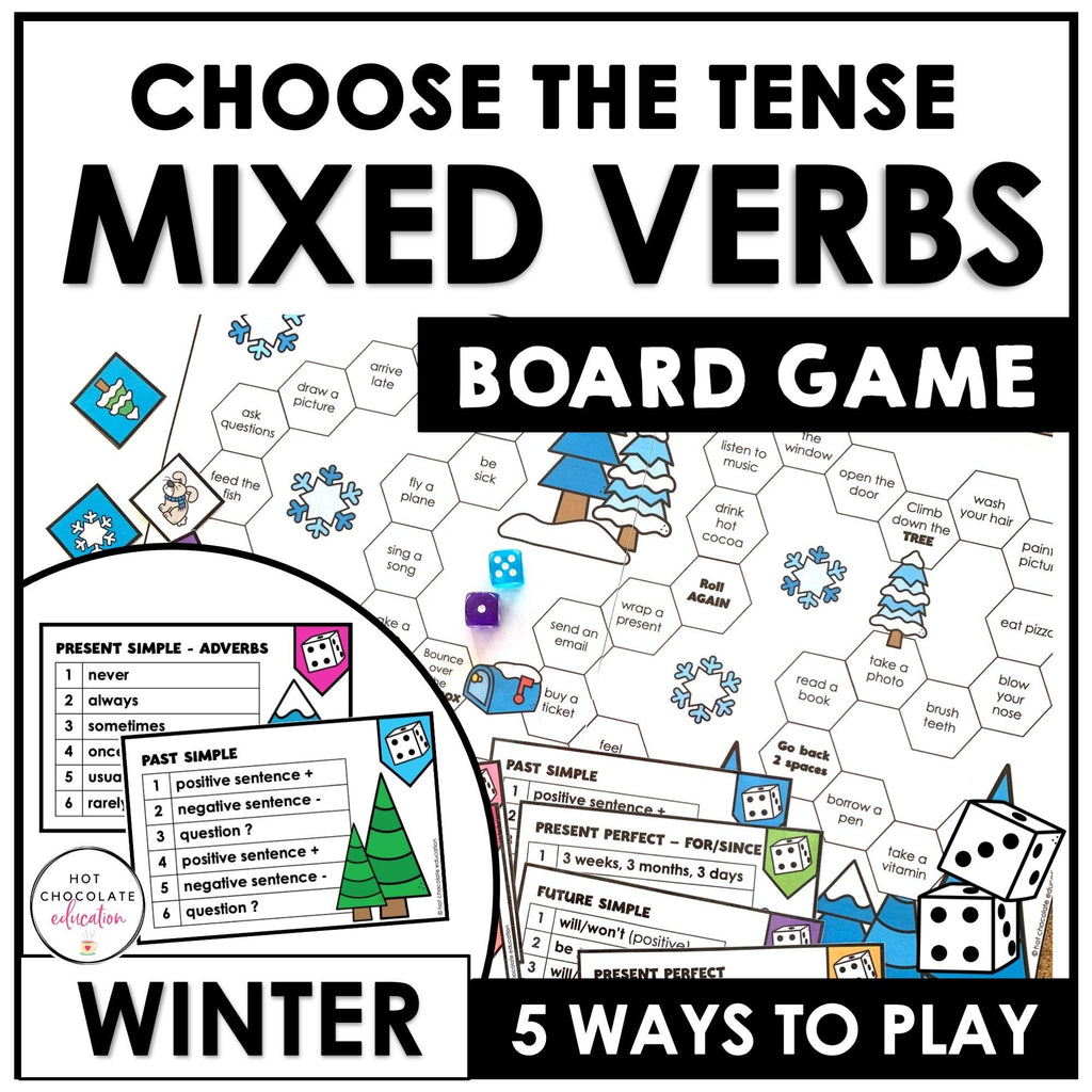 Verbs Board Game | Choose a tense and change the verb | Present Past & Future - Hot Chocolate Teachables