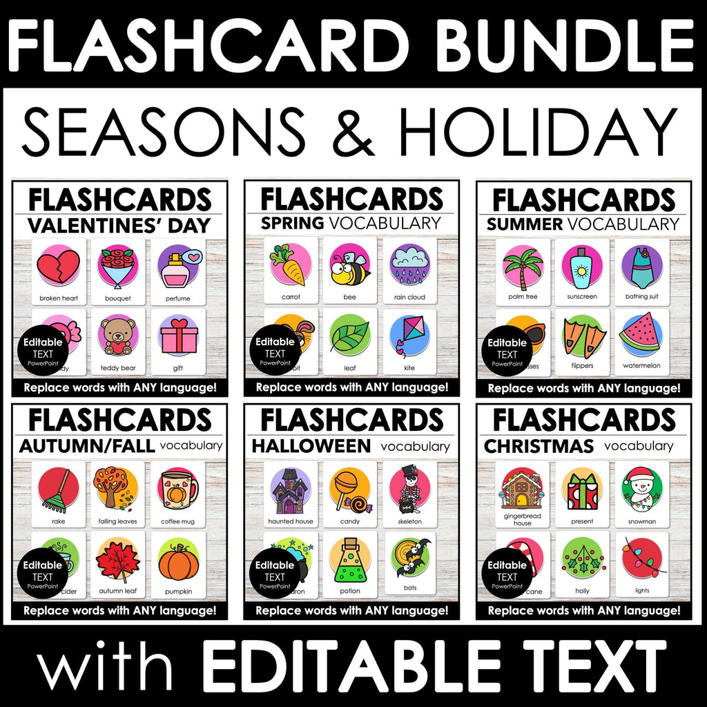 Vocabulary Flash card BUNDLE - Seasons and Holidays Editable Flashcards for ESL - Hot Chocolate Teachables