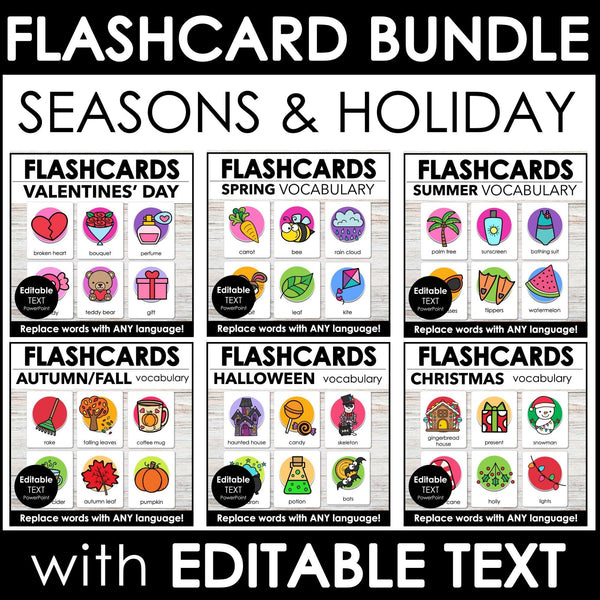 Vocabulary Flash card BUNDLE - Seasons and Holidays Editable Flashcards for ESL - Hot Chocolate Teachables