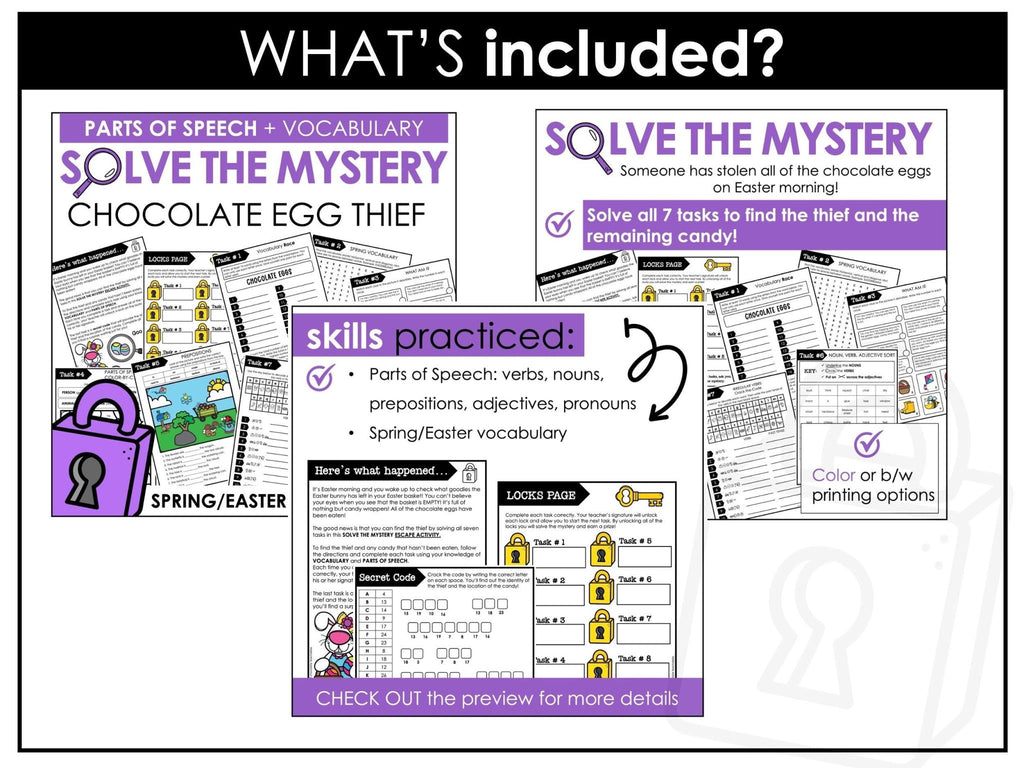 Vocabulary & Parts of Speech Solve the Mystery - Escape Activity BUNDLE - Hot Chocolate Teachables