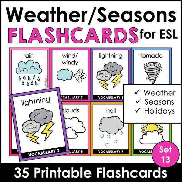 Weather & Seasonal Vocabulary Flash cards | ESL Task Cards - Holidays - Hot Chocolate Teachables