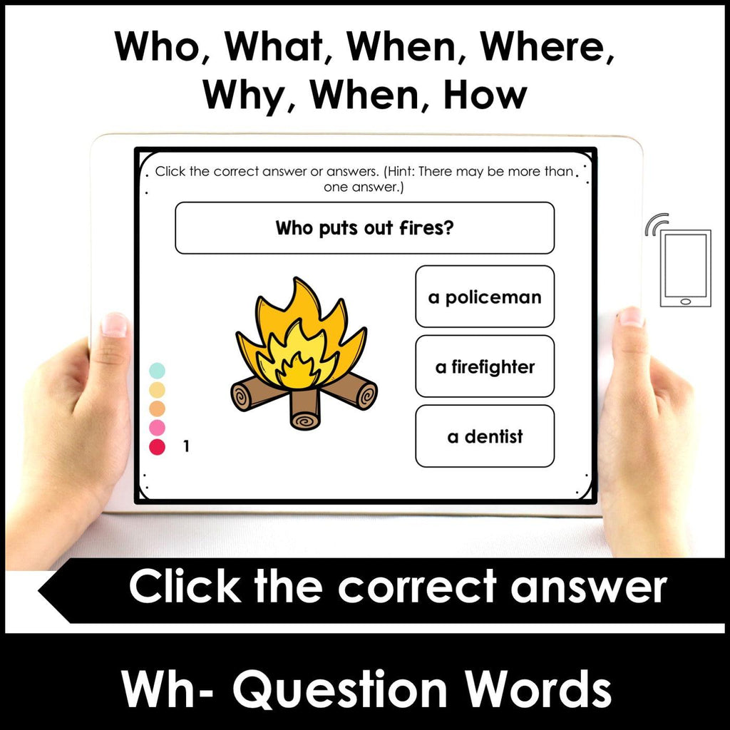 WH Question Comprehension Boom Cards- What, Who , Where, Why, When, Who - Hot Chocolate Teachables