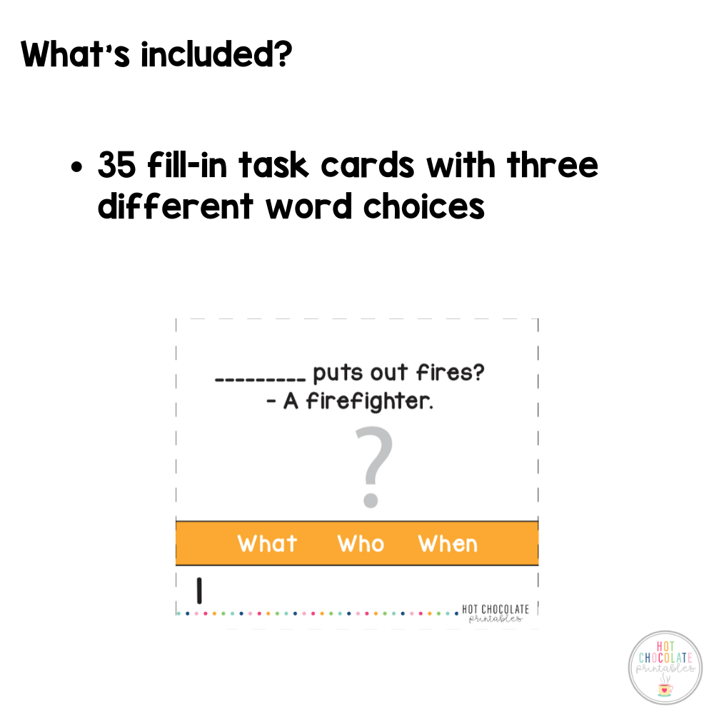 Wh Question Word Task Cards | What, Where, When, Why, Who, How - Hot Chocolate Teachables