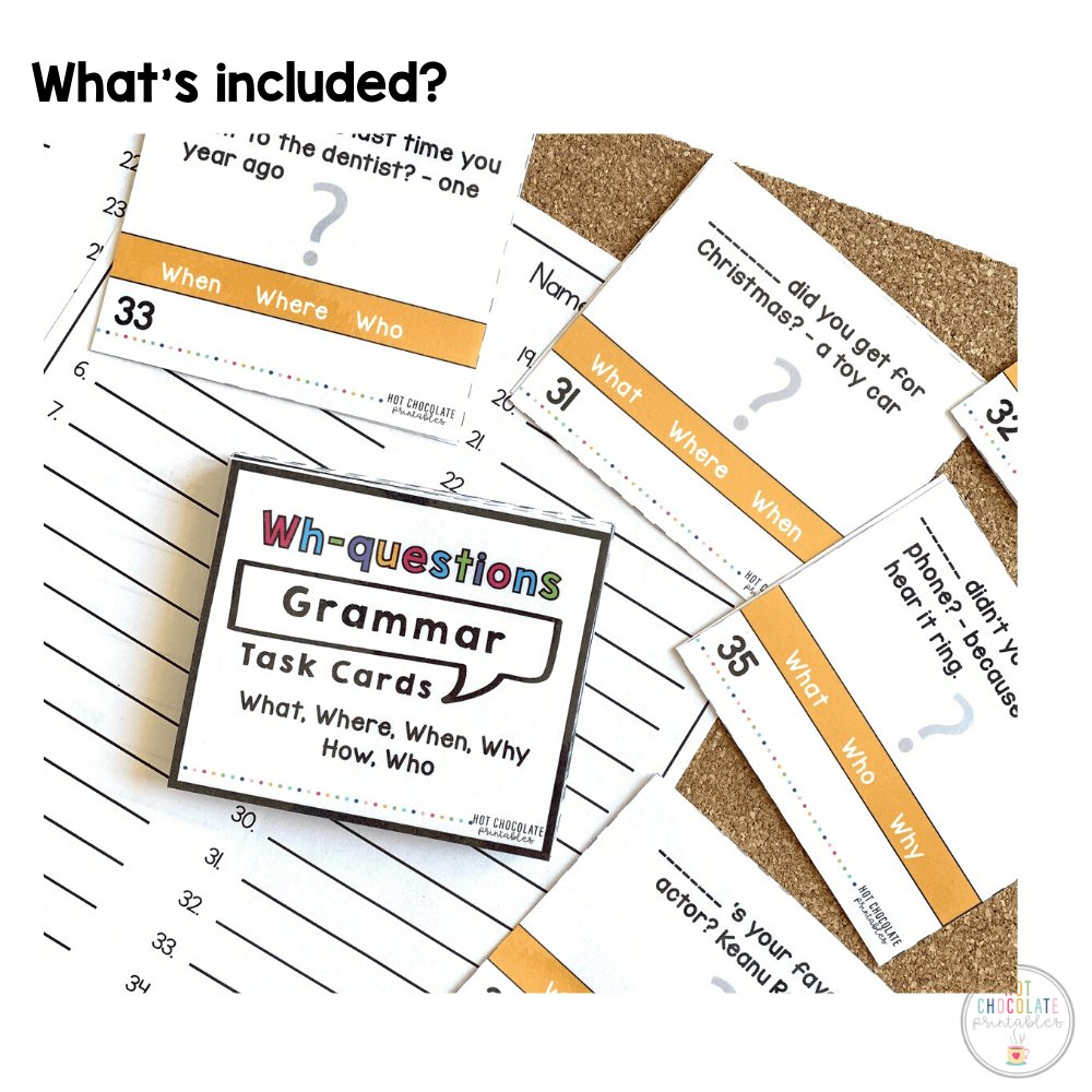 Wh Question Word Task Cards | What, Where, When, Why, Who, How - Hot Chocolate Teachables