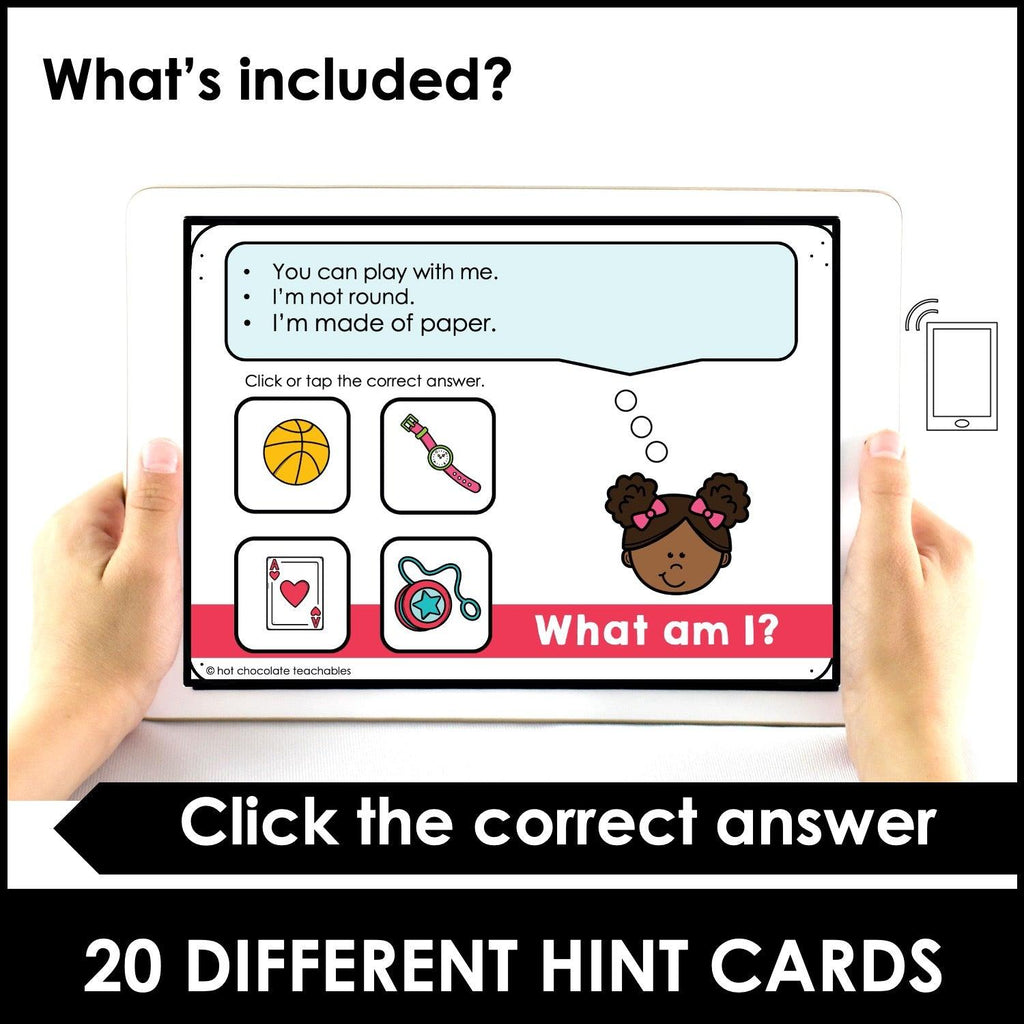 What am I? ESL Vocabulary Guessing Game BOOM CARDS - OBJECTS - Hot Chocolate Teachables