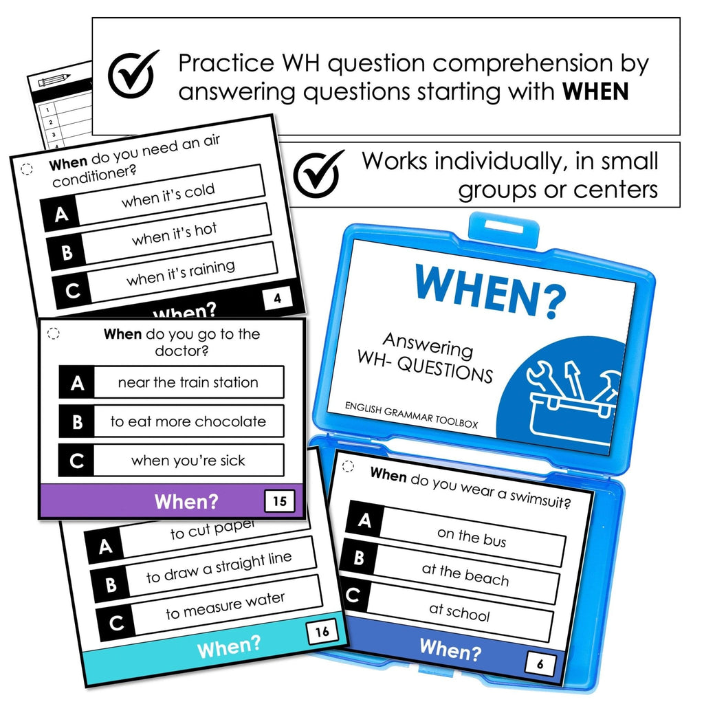 WHEN Questions - WH Question Word Comprehension Task Cards - Hot Chocolate Teachables