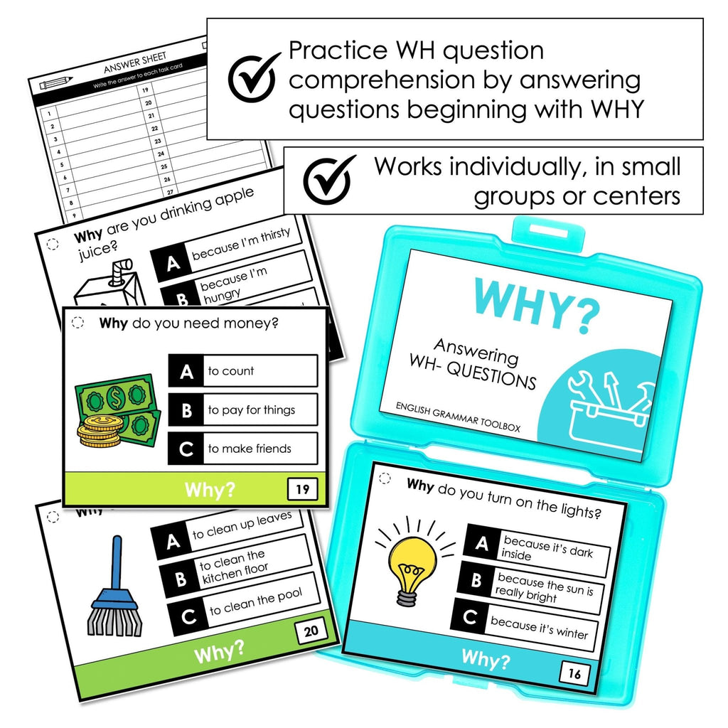 WHY Questions - WH Question Comprehension Task Cards - Hot Chocolate Teachables