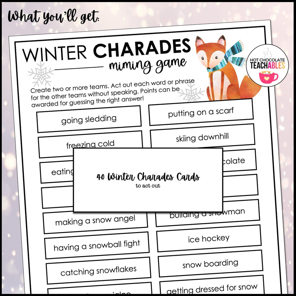 Winter Charades | Winter Miming Game Cards for Kids - Party Game - Hot Chocolate Teachables