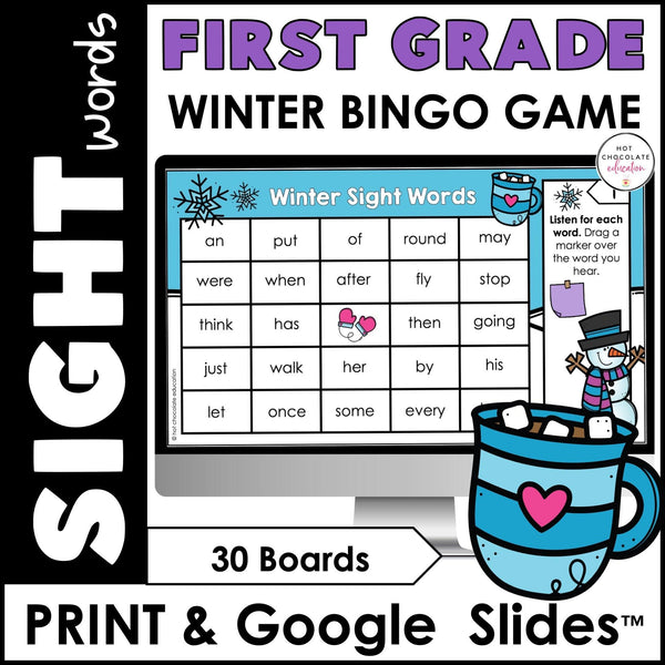 WINTER First Grade Sight Words Bingo Game - Print & Digital Google Slides™ - Hot Chocolate Teachables